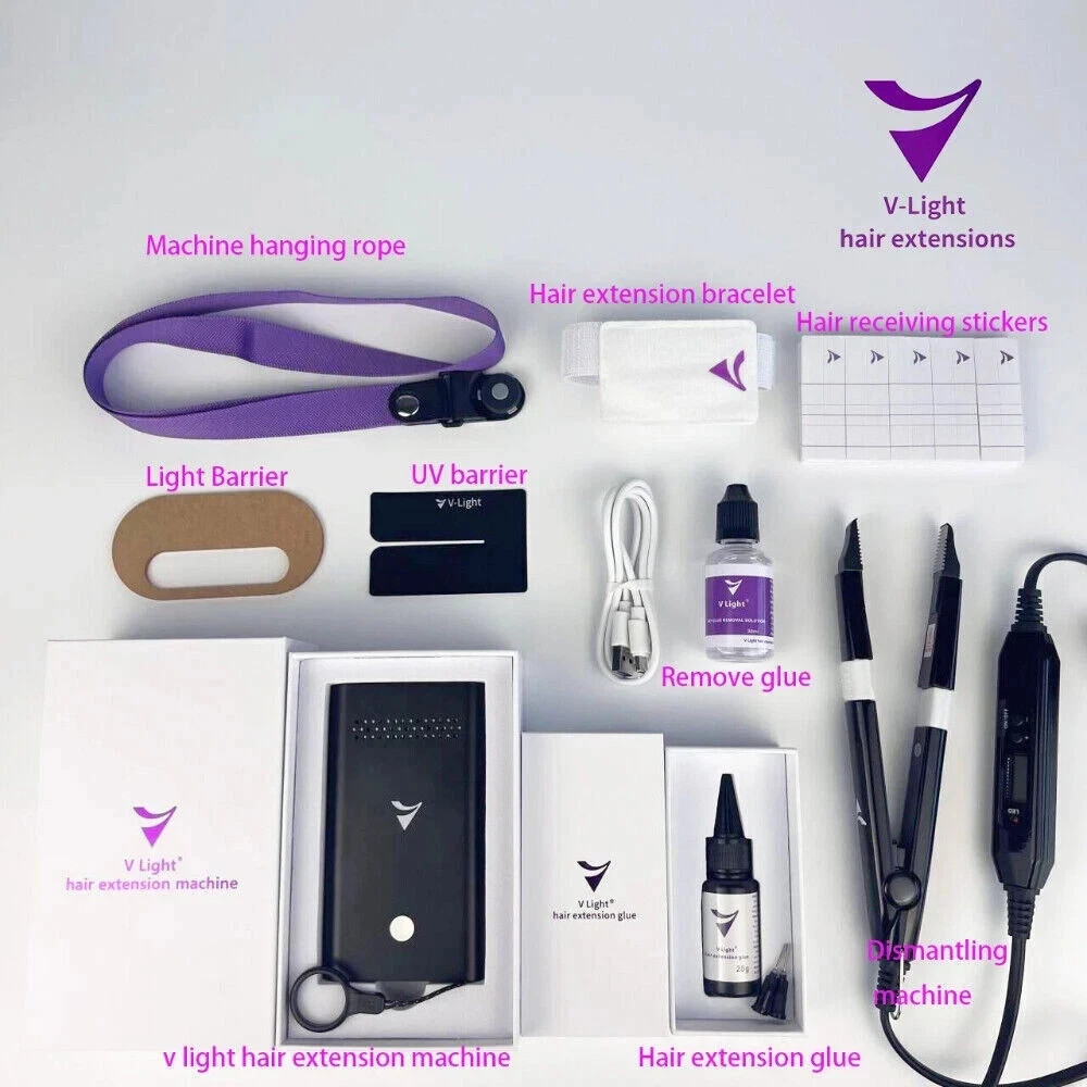 V Light Hair Extension Machine Box Sets (15-Piece) – 4 Glue & 4 Removal Solution