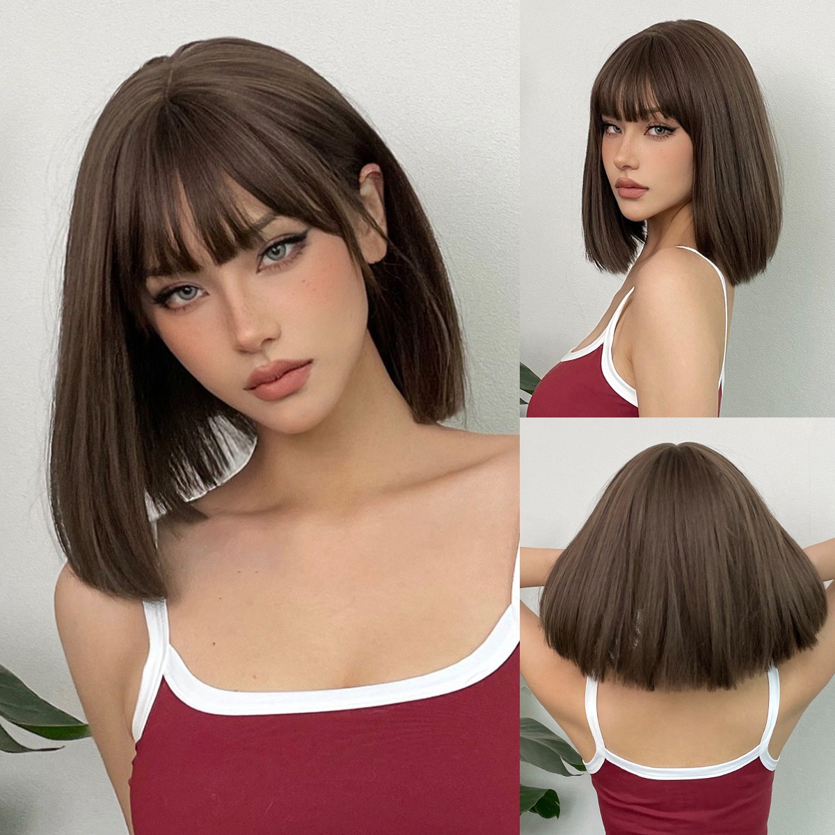Choc Brown Heat Resistant Hair Costume Wigs With Bangs Bob Straight