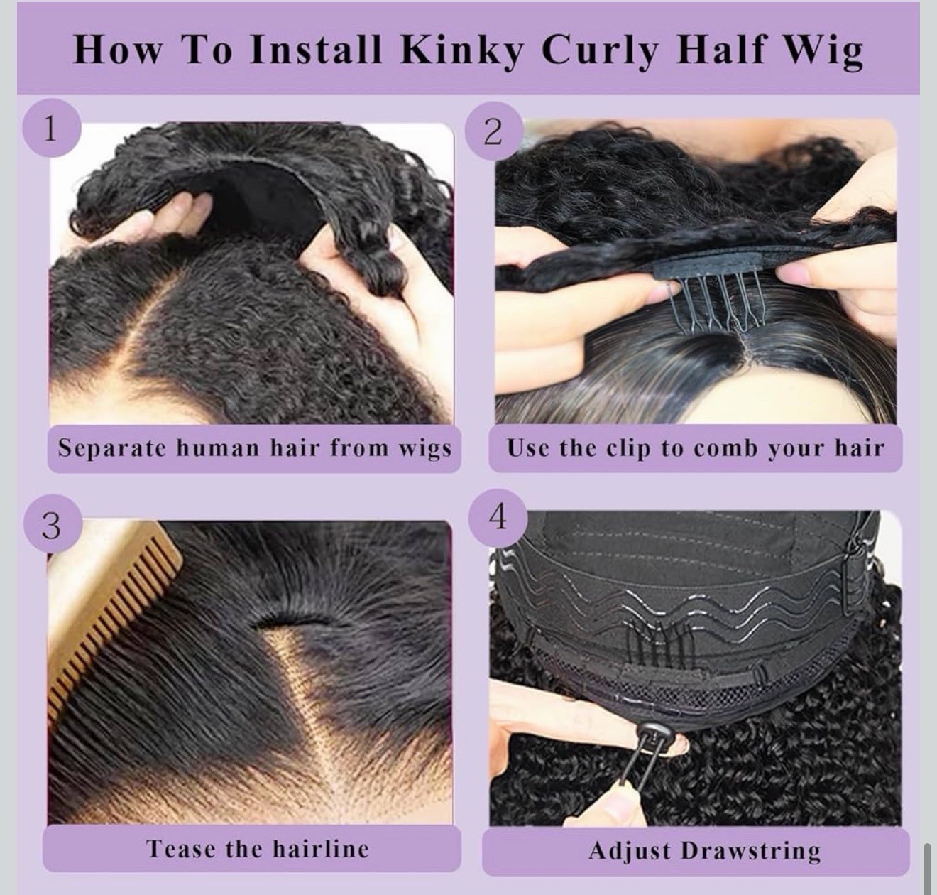 Kinky Curly Half Wig Drawstring Human Hair Natural Black Full Volume