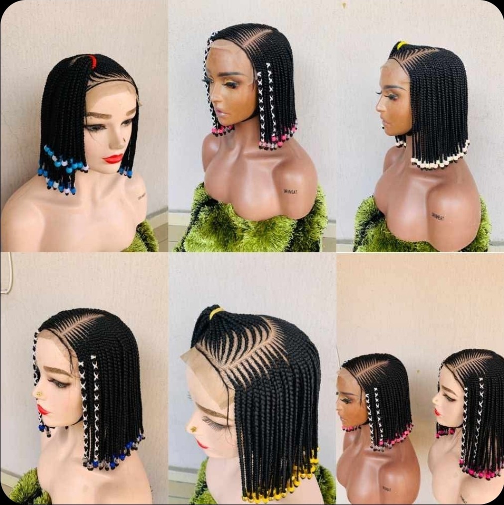 Braided Wig Beaded Short Bob Multi-Color Synthetic Free-Part for Women