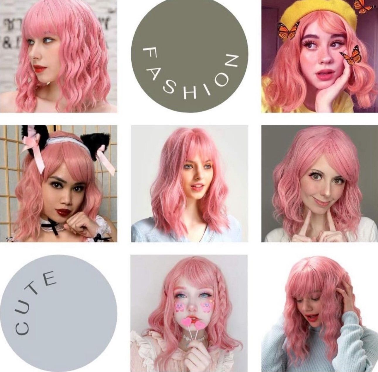 Short Pink Wavy Bob Wig with Bangs for Women 16 Inches Natural Synthetic Hair
