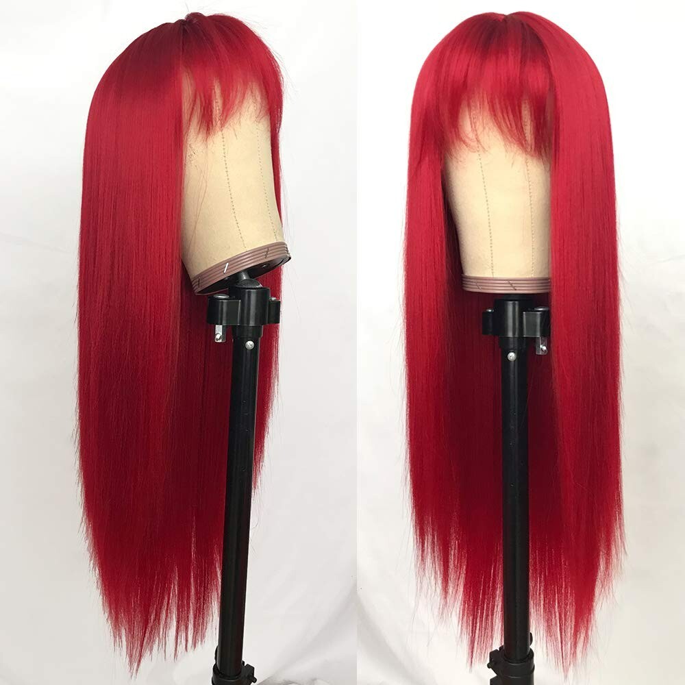 Long Straight Red Wigs Full Neat Bangs Heat Resistant Synthetic Hair Wig Cosplay
