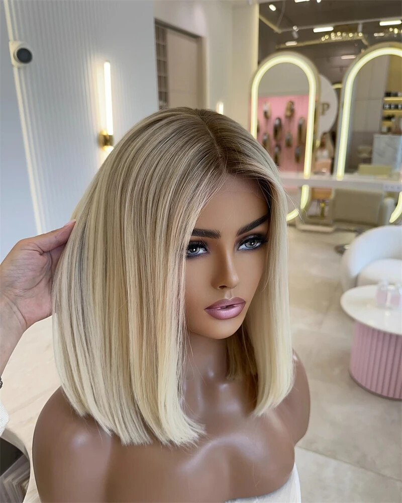 Ombre Blonde Straight Bob Wigs Brown Roots 100% Human Hair Lace Front Wigs 13×4