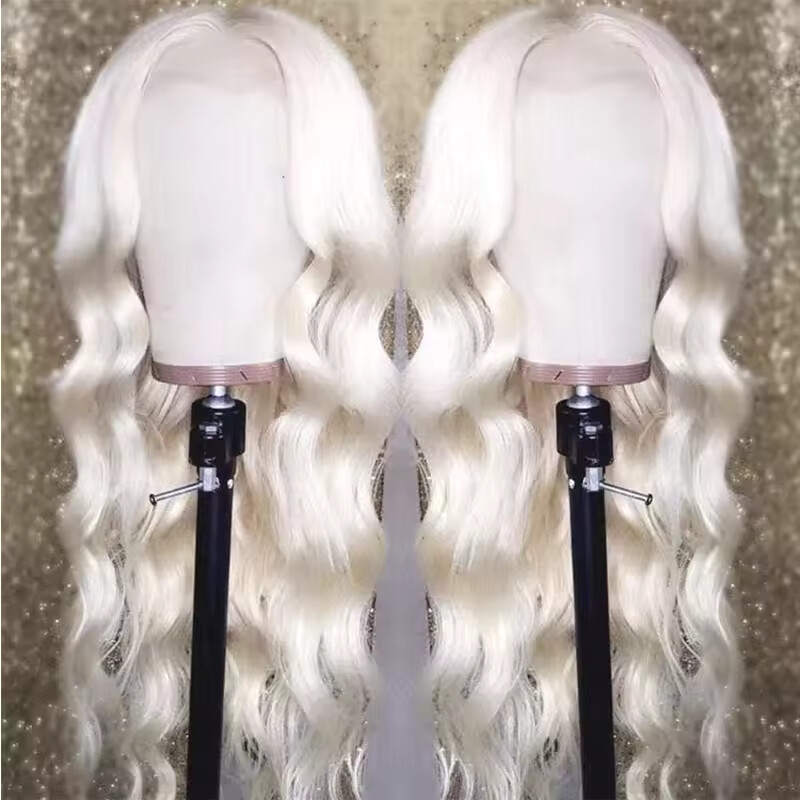 60# Platinum Blonde Wavy Lace Front Wig Natural Wave White Blonde Human Hair Wig