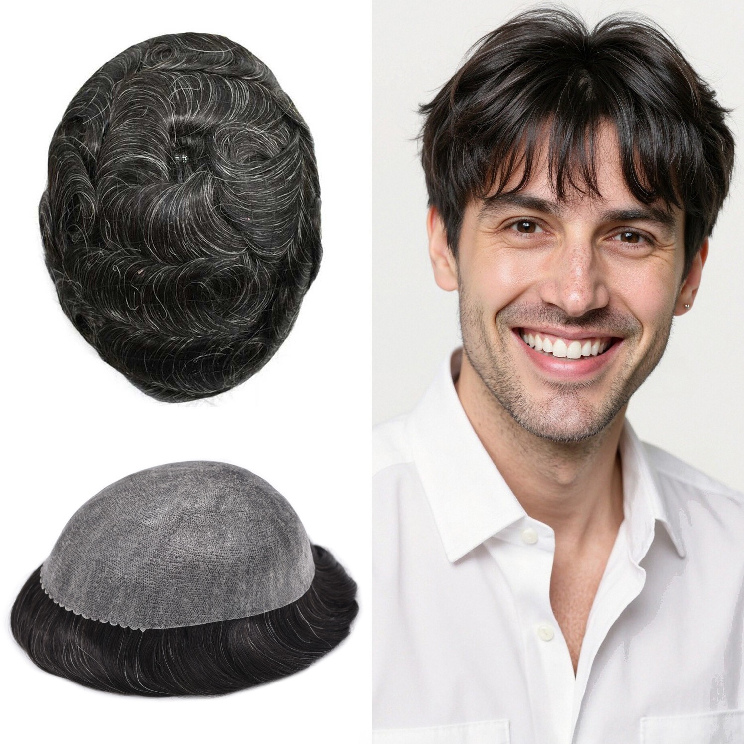 Full Poly Thin Skin Toupee Mens Hair Replacement System Human Hair PieceCustom