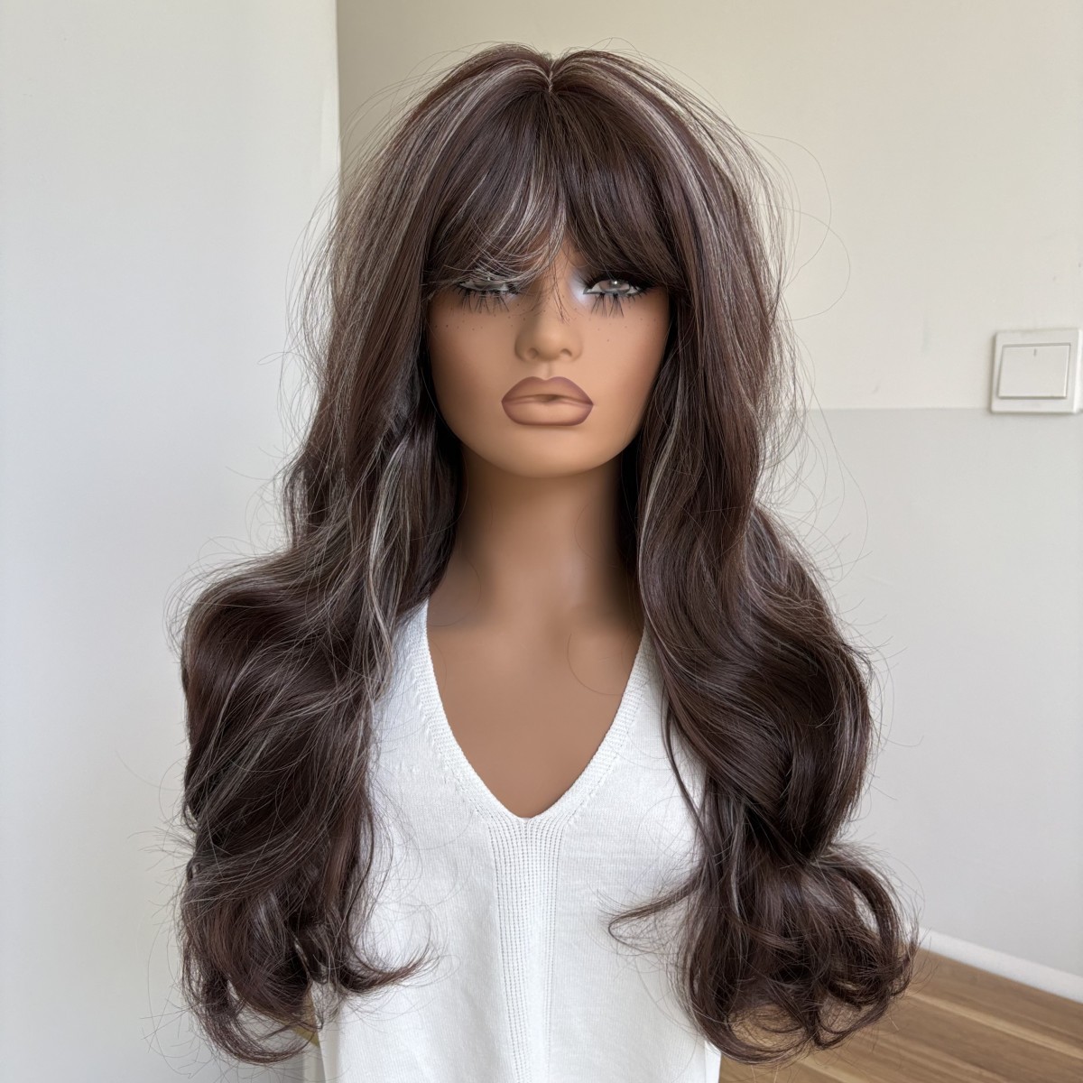 Long Wavy Mixed Brown blonde Cosplay Party Wig With Bangs Synthetic Hair Soft