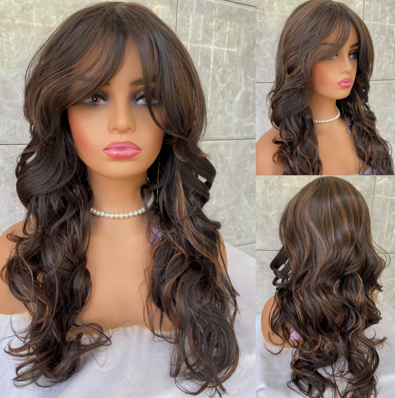 Heat OK Wavy Curly Long hair blend full Wig Brown mix Bangs Layered