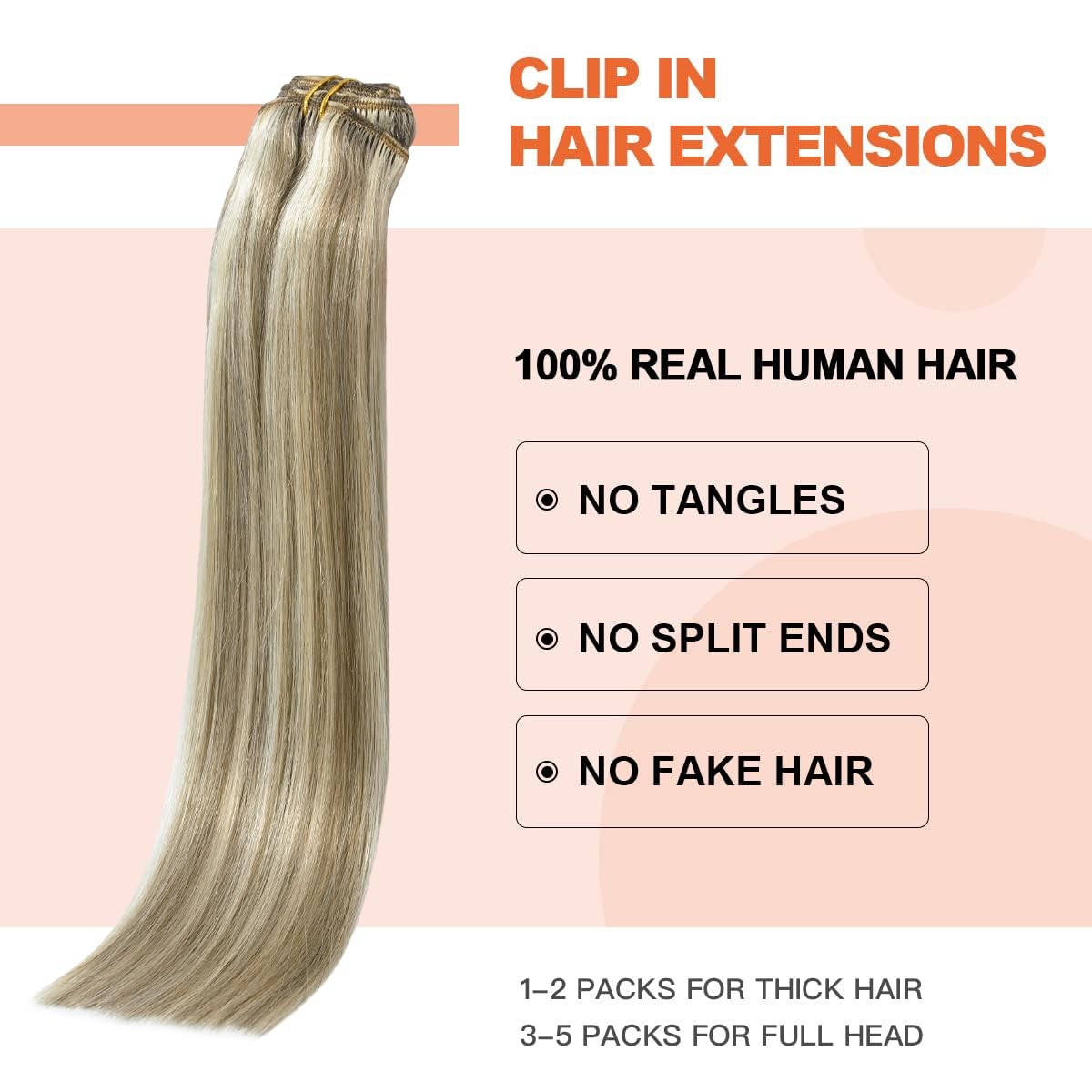 Clip in Hair Extensions Real Human Hair – 20 inch 70g Ash Blonde Mixed Bleach…
