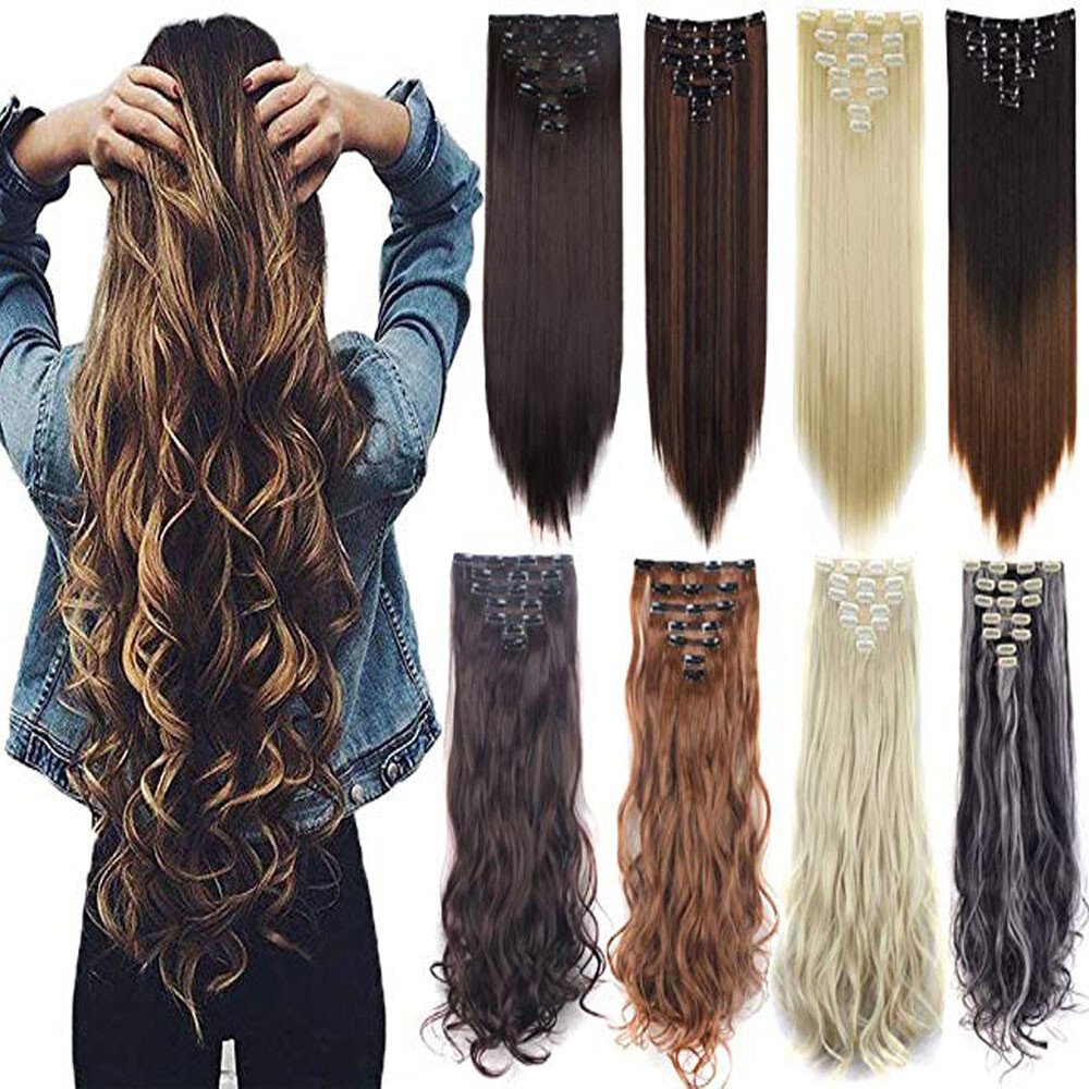 USA 7pcs Thick Synthetic Clip In Wavy Curly Straight Hair Extensions Full Head