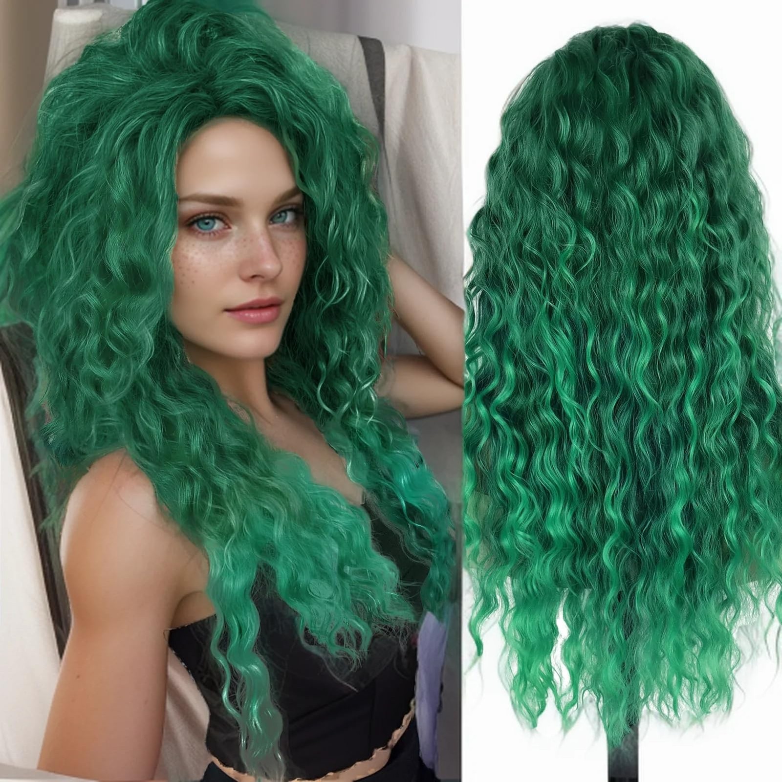 28 inch Long Curly Wigs for Women Green Wig Cosplay Thick Hairline St. Patric…