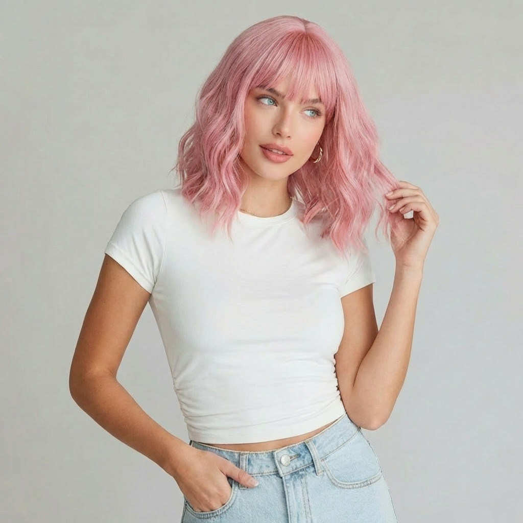 “Elle” – Short Baby Pink Wig with Bangs