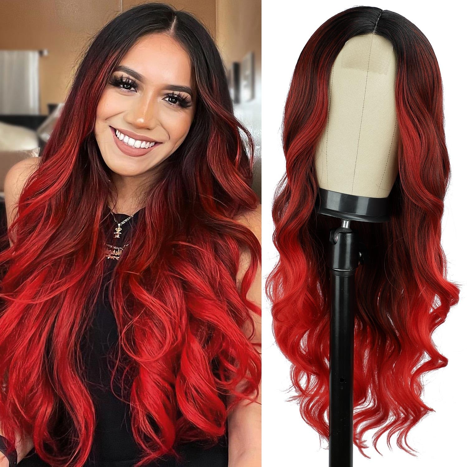 Red Wavy Wig 26 Inch Long Red Ombre Wigs for Women Ombre Red Middle Part Wig …
