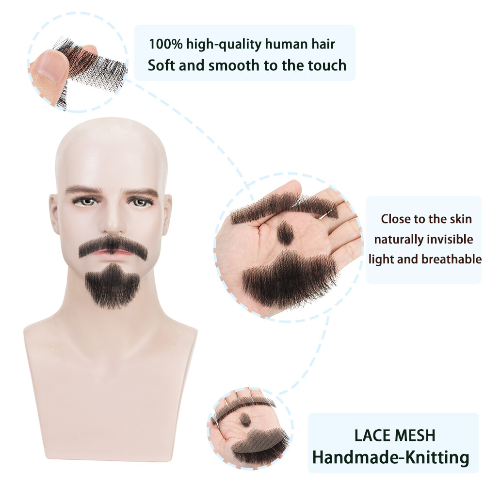 Fake Beard Hand Made Mustache 100% Human Hair Face Beard and Mustache for Adults