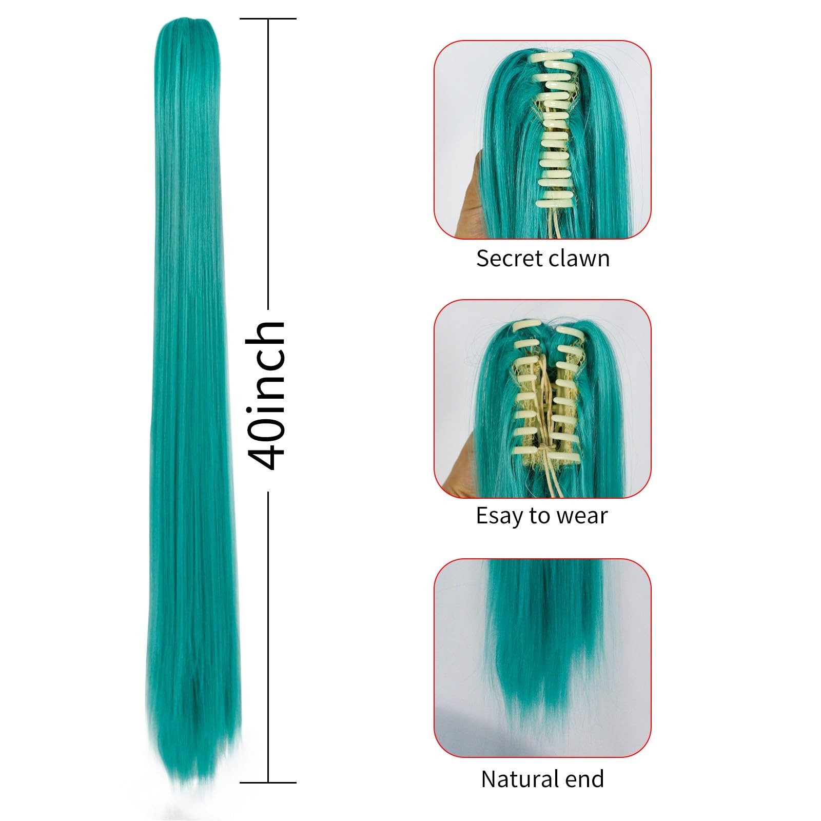 47 Inch Long Green Wig with Bangs for Women with Two Detachable Ponytails + W…