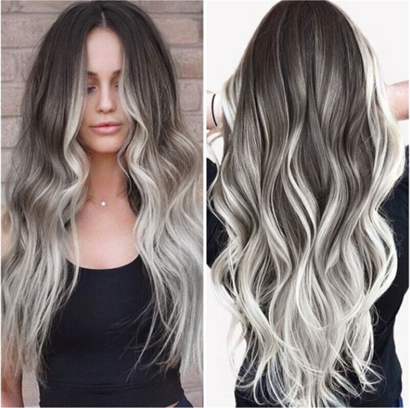 Private Women Ash Gray Silver Ombre Lace Long Wavy Curly Blonde Synthetic Wigs