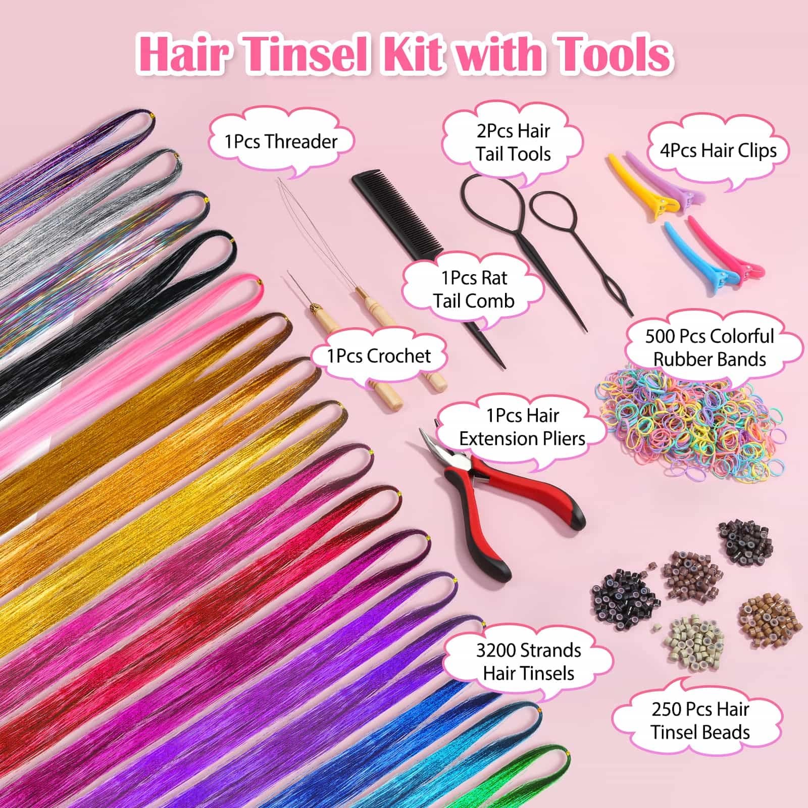 Hair Tinsel Kit (48 Inch, 16 Colors, 3200 Strands), 48 16 Mixed Colors