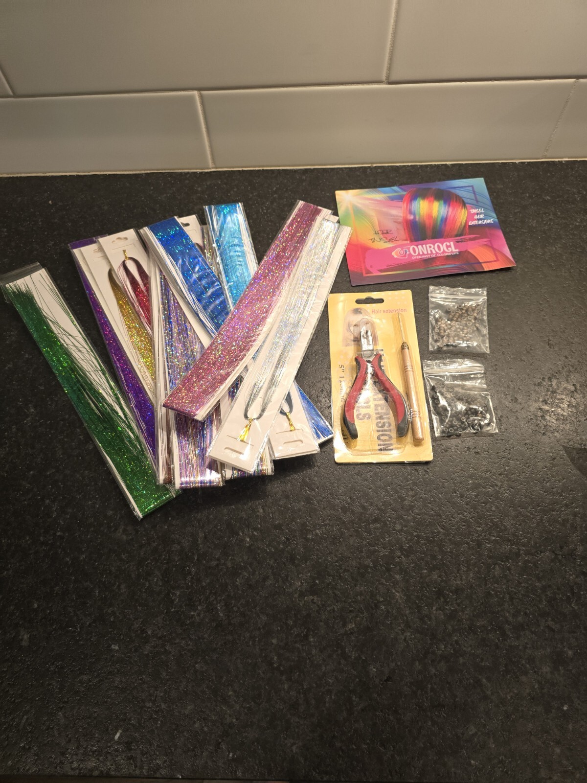 NIP Hair Extensions Toolkit w/ Hair Tinsel- 1 Pair Pliers, 1 Pulling Hook,…