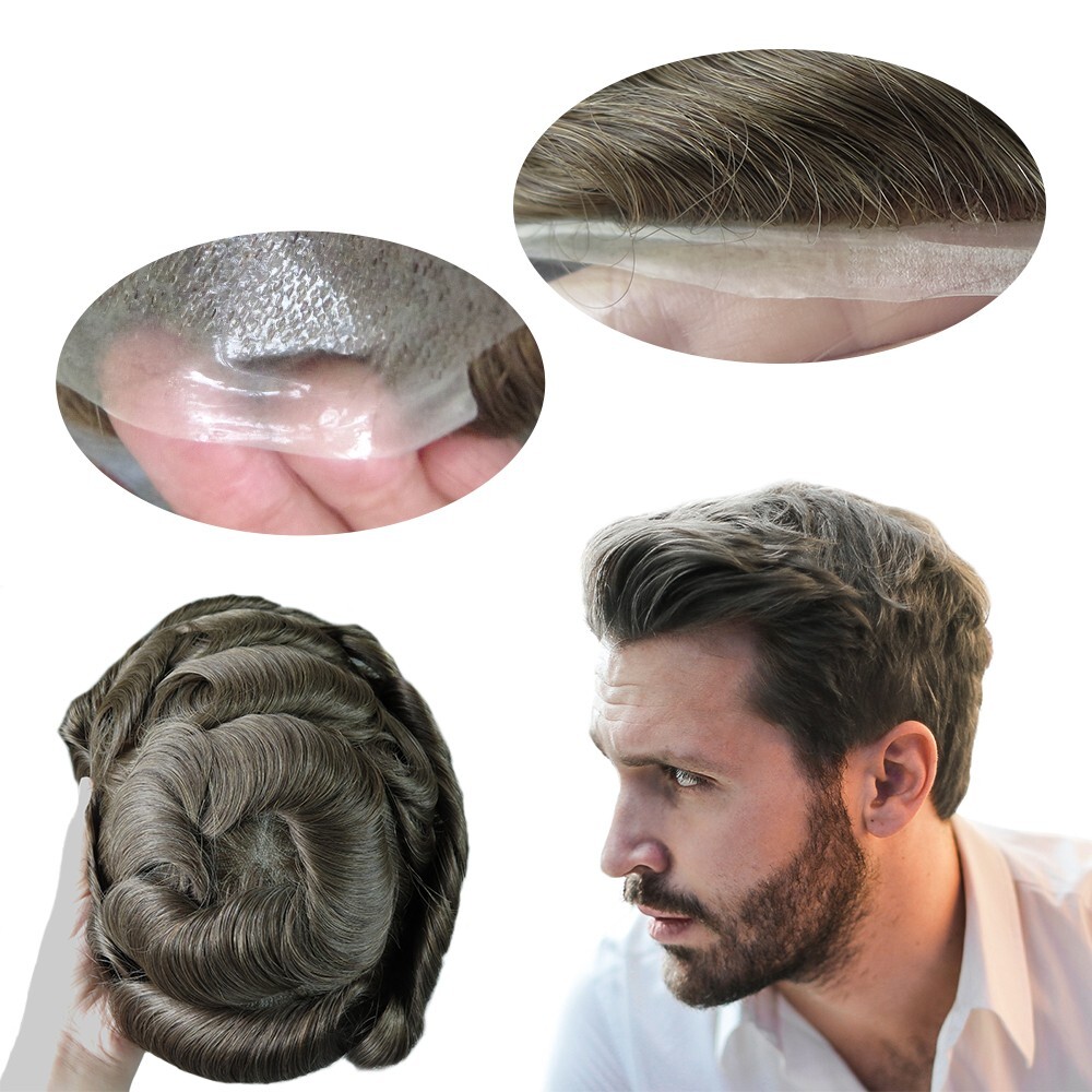 Toupee for Men Human Hair Replacement System Thin Skin BIO Brown Hairpieces #7