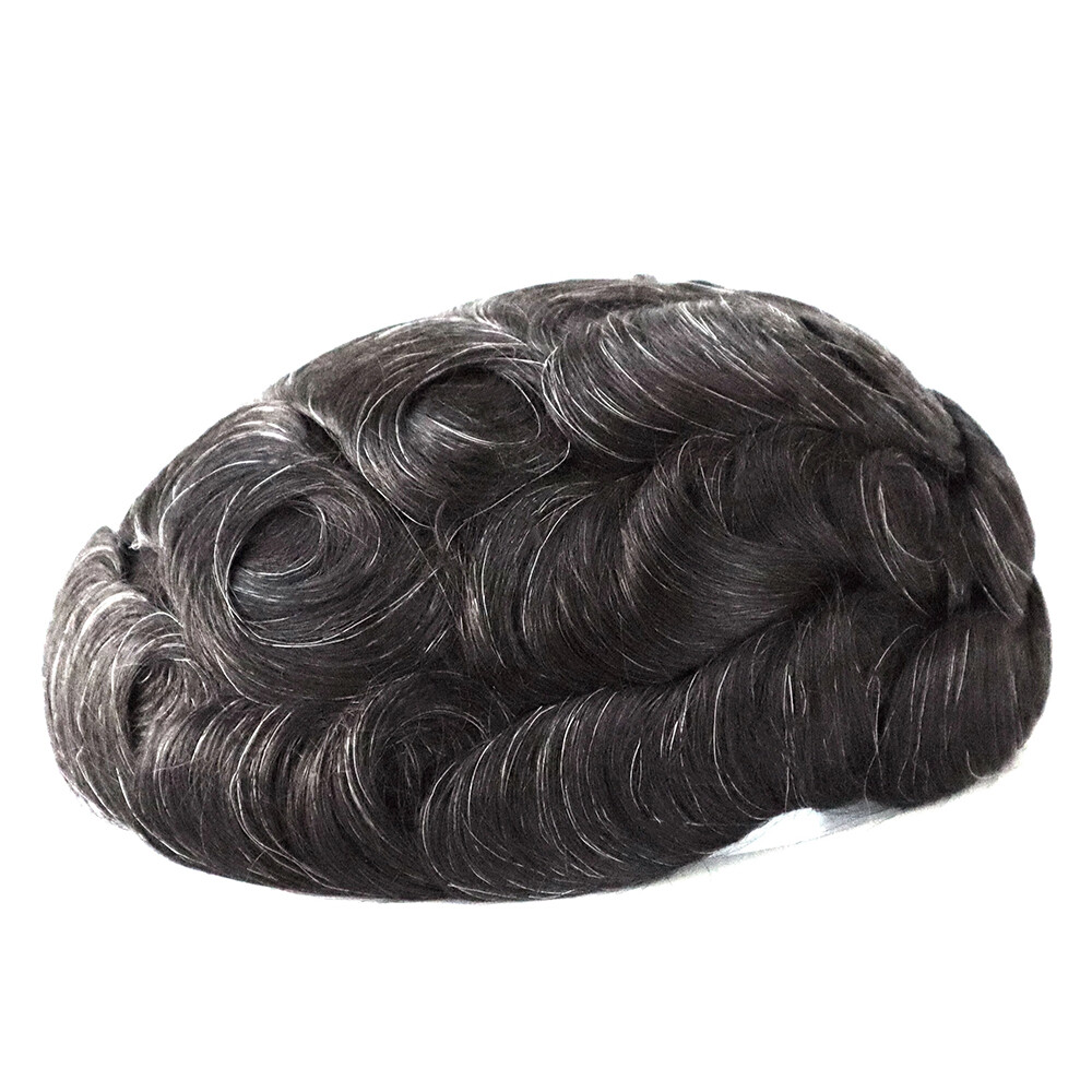 Super Mens Toupee Thin Skin Human Hair Replacement System Hairpieces Black Grey