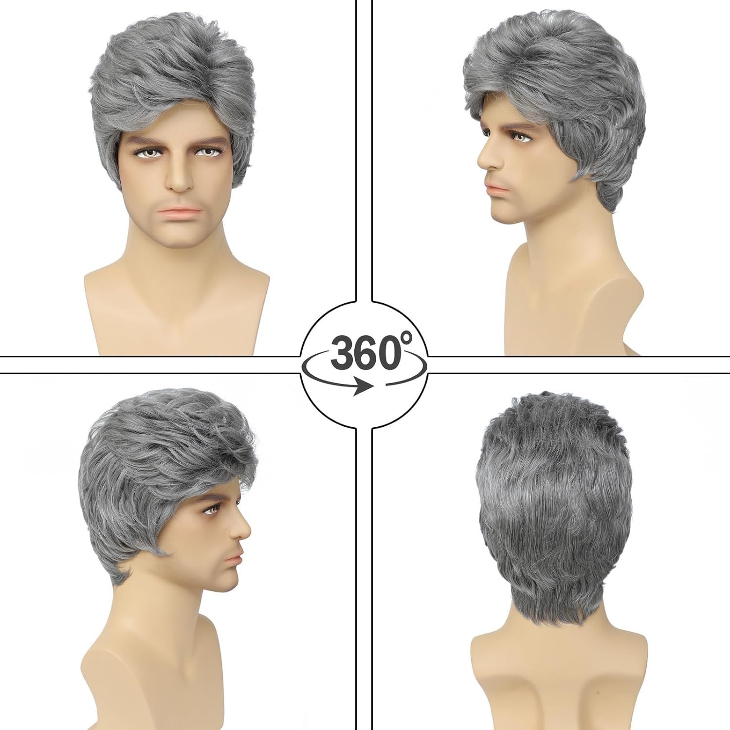 Grey Men’s Wig,Old Man Wig Side Part Heat Resistant Natural Layered Synthetic…