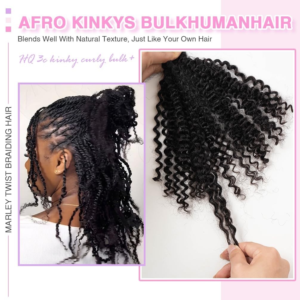 QVR Pro Kinky Curly Bulk Human Hair Extensions 20 Inch for Spring Twists 50 Gram