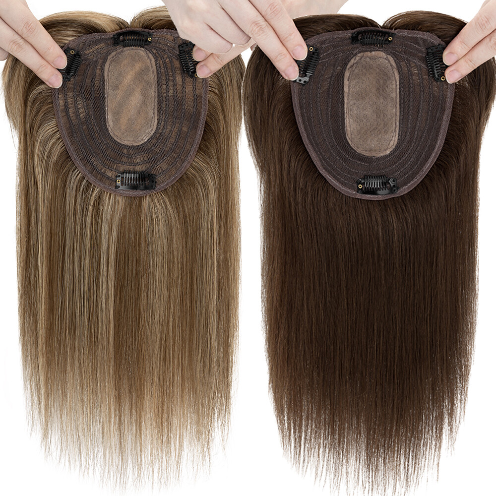 100% Real Remy Human Hair Women Topper Clip In Middle Part Silk Base Hairpiece