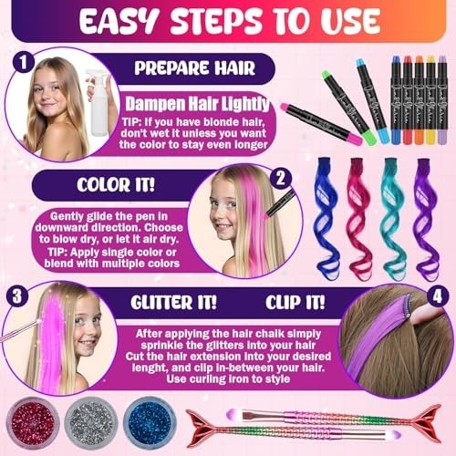 Washable Dustless Hair Chalk Set with Clip-in Extensions, Brushes & Glitter – Te