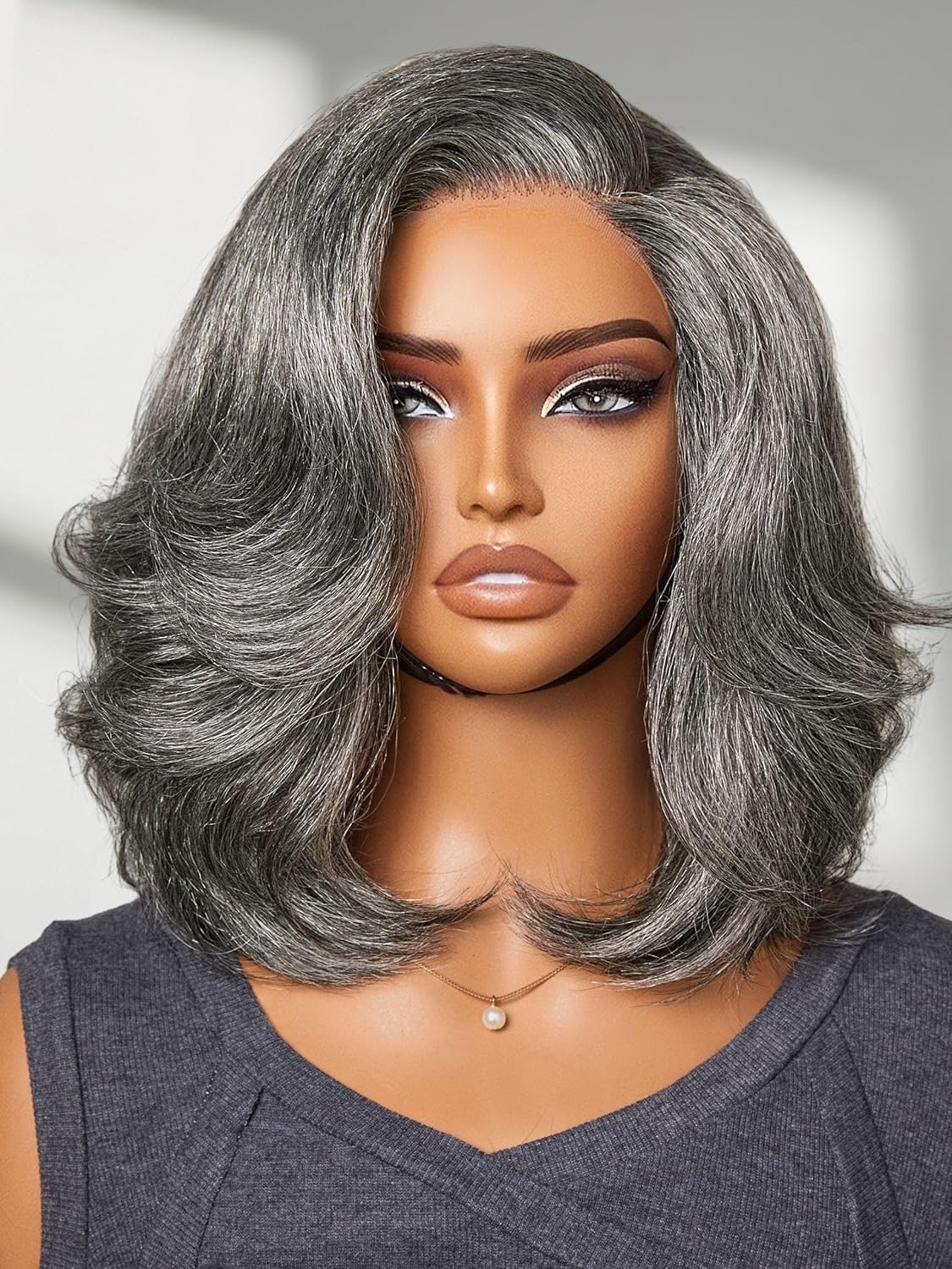 Salt and Pepper Layered Bob Wigs for Women Gray 100% Human Hair Lace Front Wigs