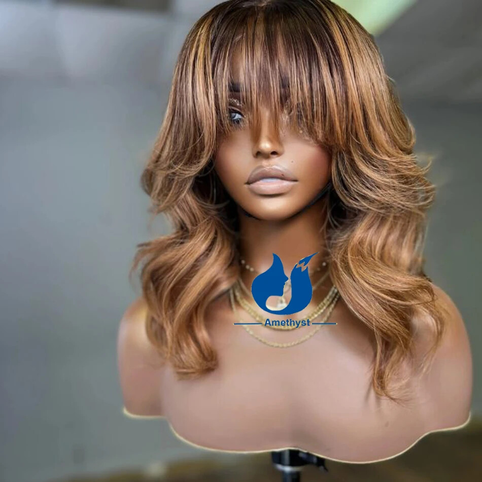 Brown Wave Bang Wig Blonde Highlights Human Hair Scalp Top Full Machine Made