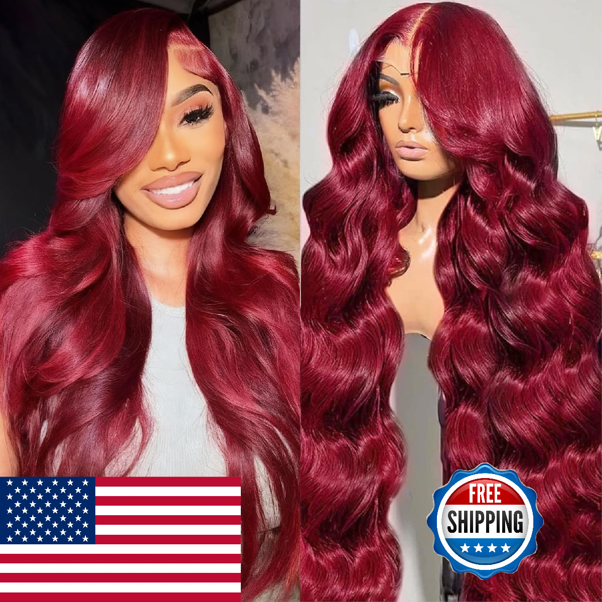 Alimoonbeam 26 Inch 99J Burgundy T Part Lace Front Wigs Human Hair Red Burgundy