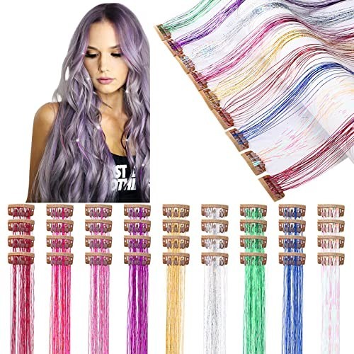 36 Pcs Clip-in Hair Tinsel Extensions – 19.6 Inch Glitter Clips for Parties, Ret
