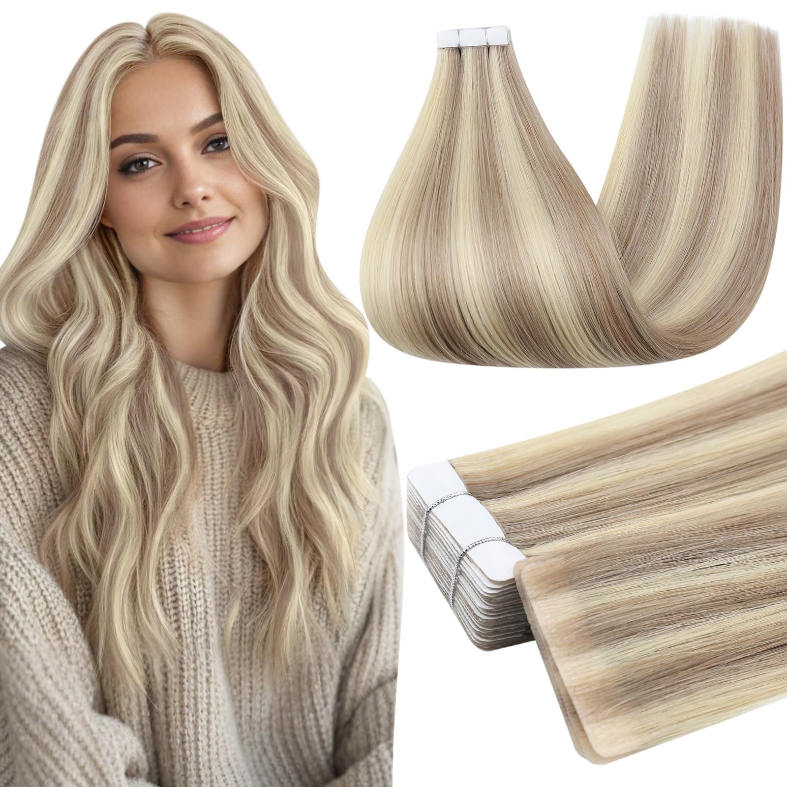 Full Shine 24″ Injection Tape Human Hair Extensions 18/613 Ash/Light Blonde