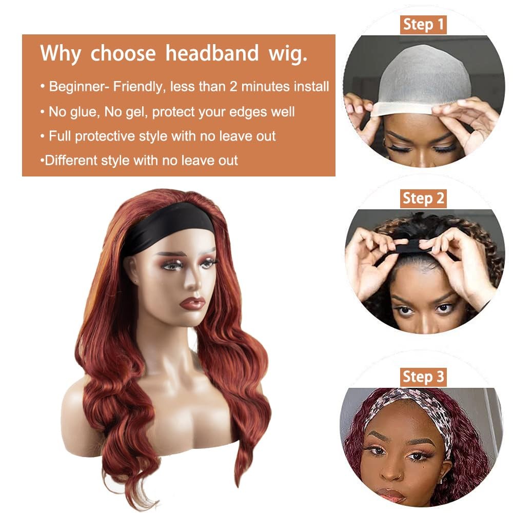 Yiweyowe 28 Inch 33 Reddish Brown Headband Wig Human Hair 150 Density Grade 8A