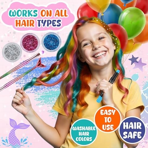 Washable Dustless Hair Chalk Set with Clip-in Extensions, Brushes & Glitter – Te