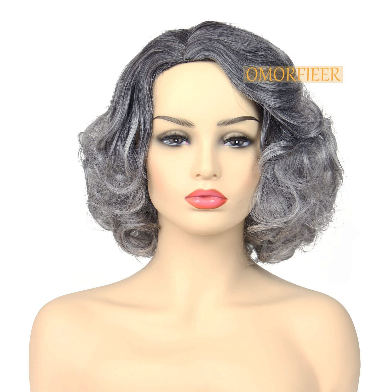 Short Curly Ombre Grey Wig for Women – Granny Costume Cosplay 35 cm
