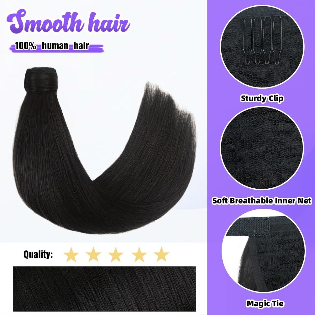 Winsky 14 Inch Human Hair Ponytail 80G Long Wrap Around Ponytail Natural Black