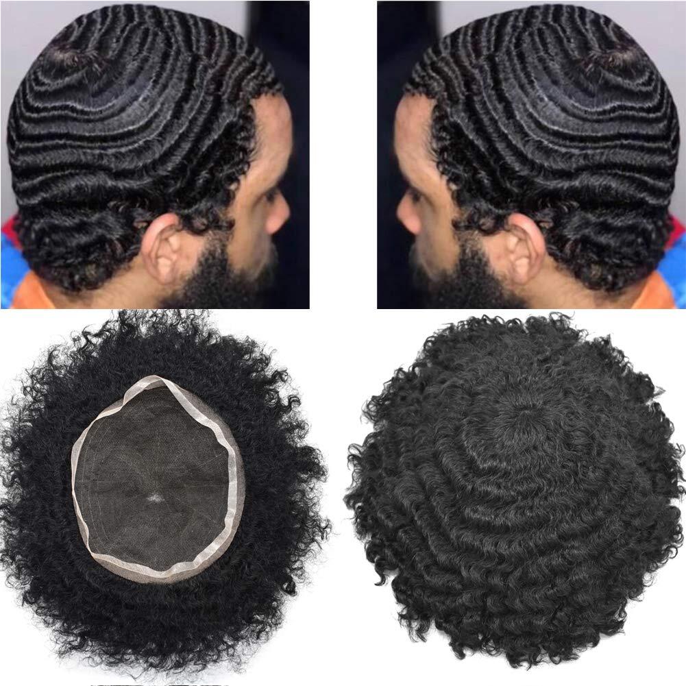 Mens Toupee Full Lace Afro African American Human Black Hair Piece Curly Wigs