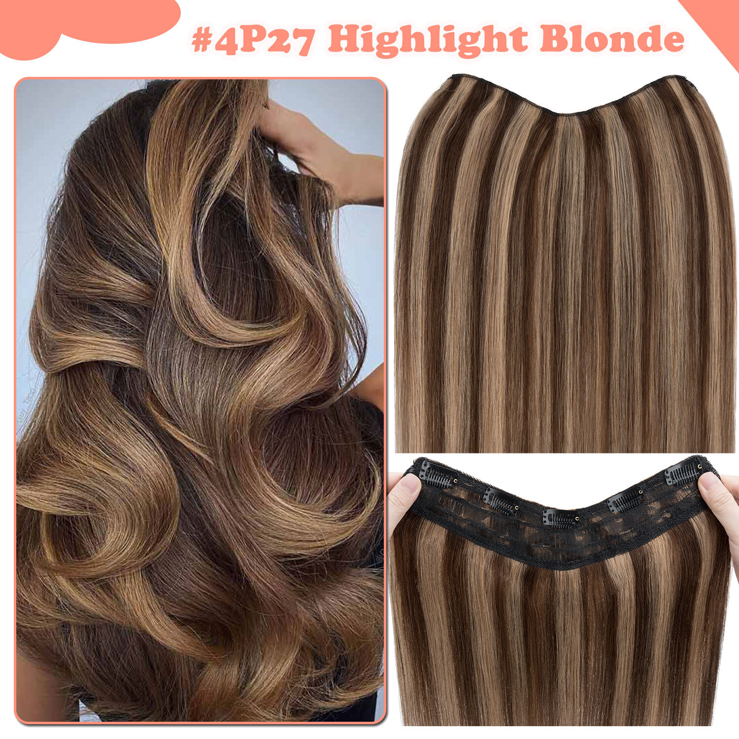V-Shape Real Remy Human Hair Extensions One Piece Clip In 3/4Full Head Highlight