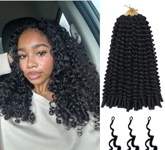 Burmese Curly Crochet Hair 8 Packs 128 Strands Knotless Pre-Looped 18 Inch 1B