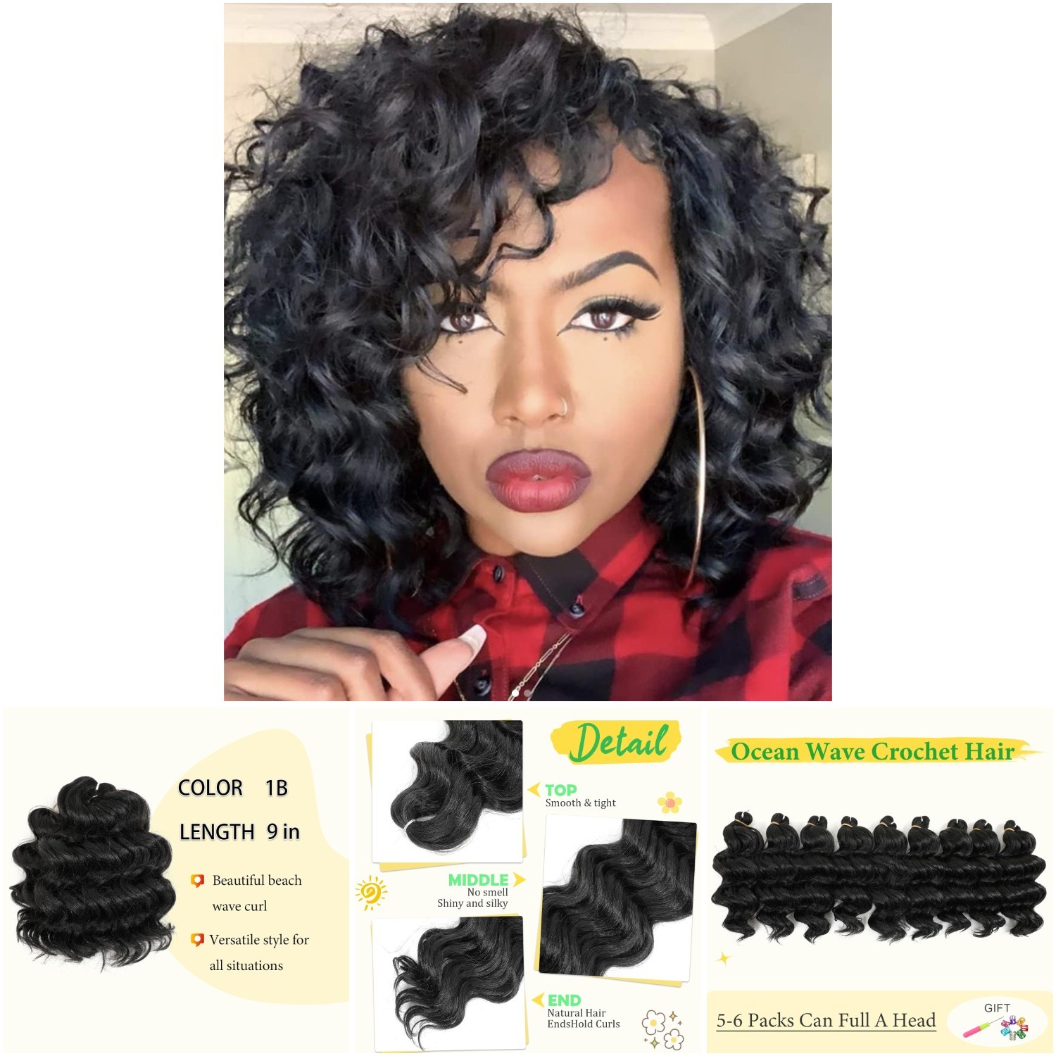 Ocean Wave Crochet Hair 9 Inch Water Wave Braiding 7 Packs Curly Black Women