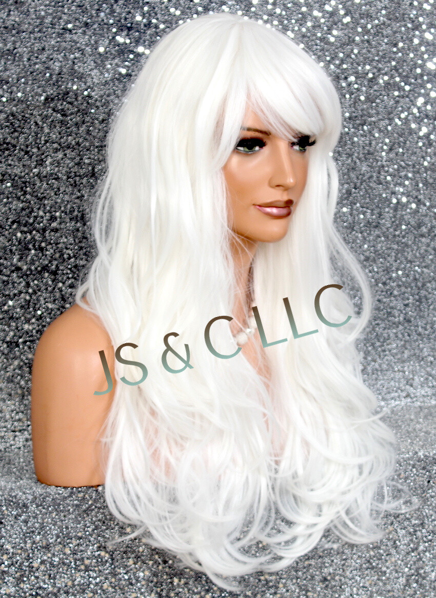 Human hair Blend Full Wig White LOng slightly Wavy Layers Bangs Heat OK WBKT
