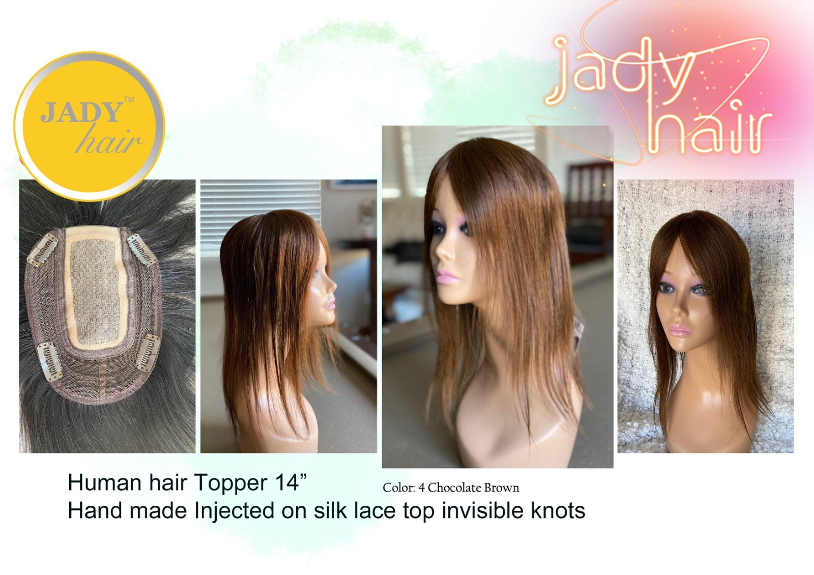 100% Human Hair Topper 14″ with hand injected Silk Top or Swiss lace top