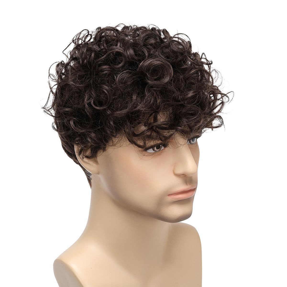 Mens Brown Small Short Curly Wig European American Style Synthetic Full Head Wig