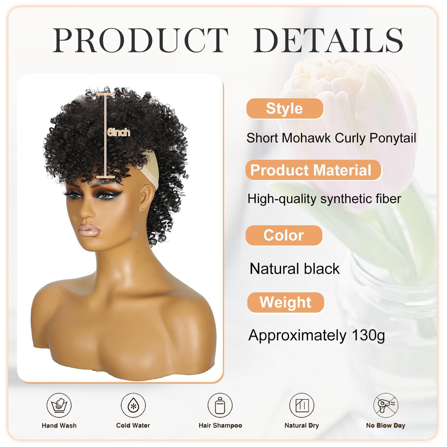 Mohawk Wig Kinky Curly Natural Black Ponytail with Bangs – Clip on Extension