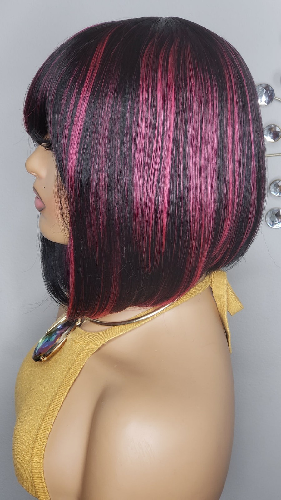 New Human Hair Blend Short Bob Wrap Bangs Full Cap Wig Black Pink Highlights Wig