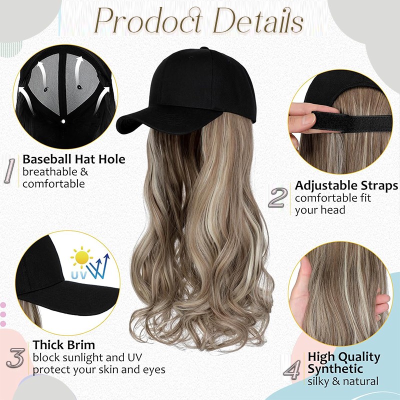 8 In Hat Wig With Hair Attached For Women Black White Brown Baseball Beanie Cap