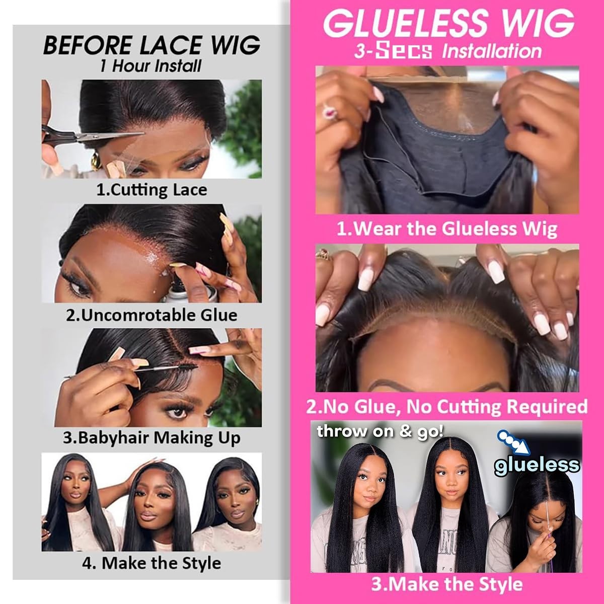 Kinky Straight Wear and Go Glueless Wig Pre Plucked Pre Cut 4×4 Synthetic Lace F