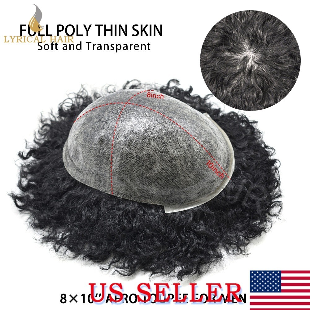 Afro Toupee For Black Men Full PU Skin Kinky Curly Human Hair Replacement System