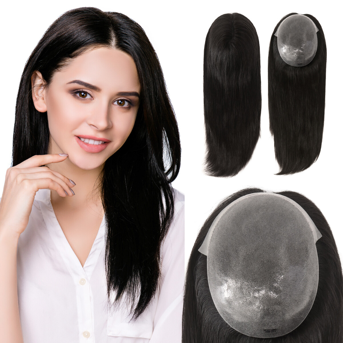Topper for Women Top Pieces Remy Human Hair Poly Skin Knotted Hair TP22 18”