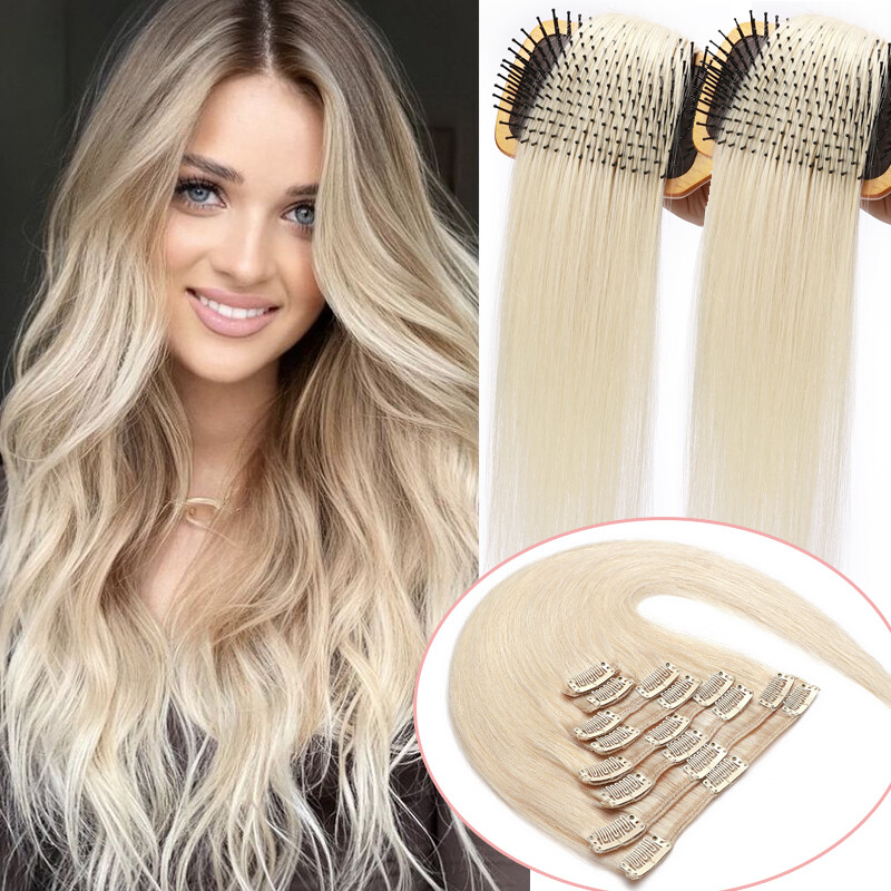 CLEARANCE 8pcs Clip In 100% Real Remy Human Hair Extensions Weft Hairpiece #Grey
